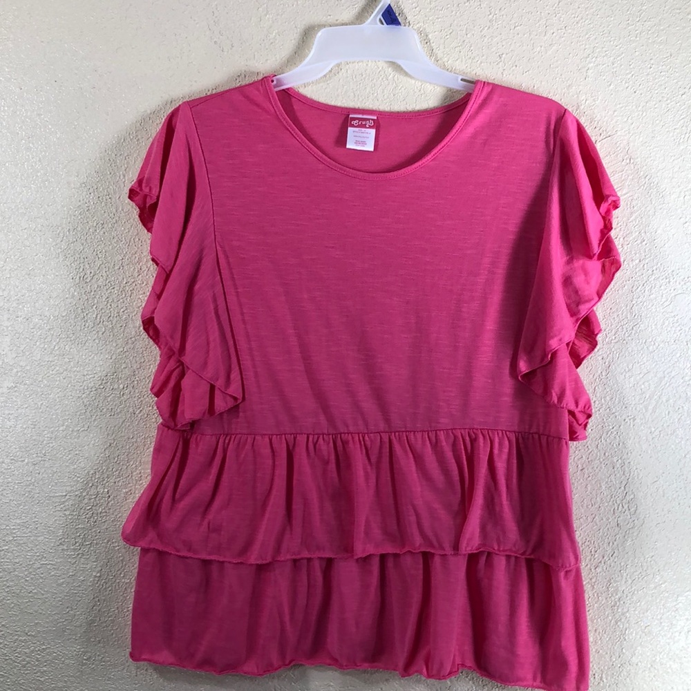Crush Knit Top Blouse Bubble Gum Pink Size 1X Stretchy Ruffle/Tiered Pullover